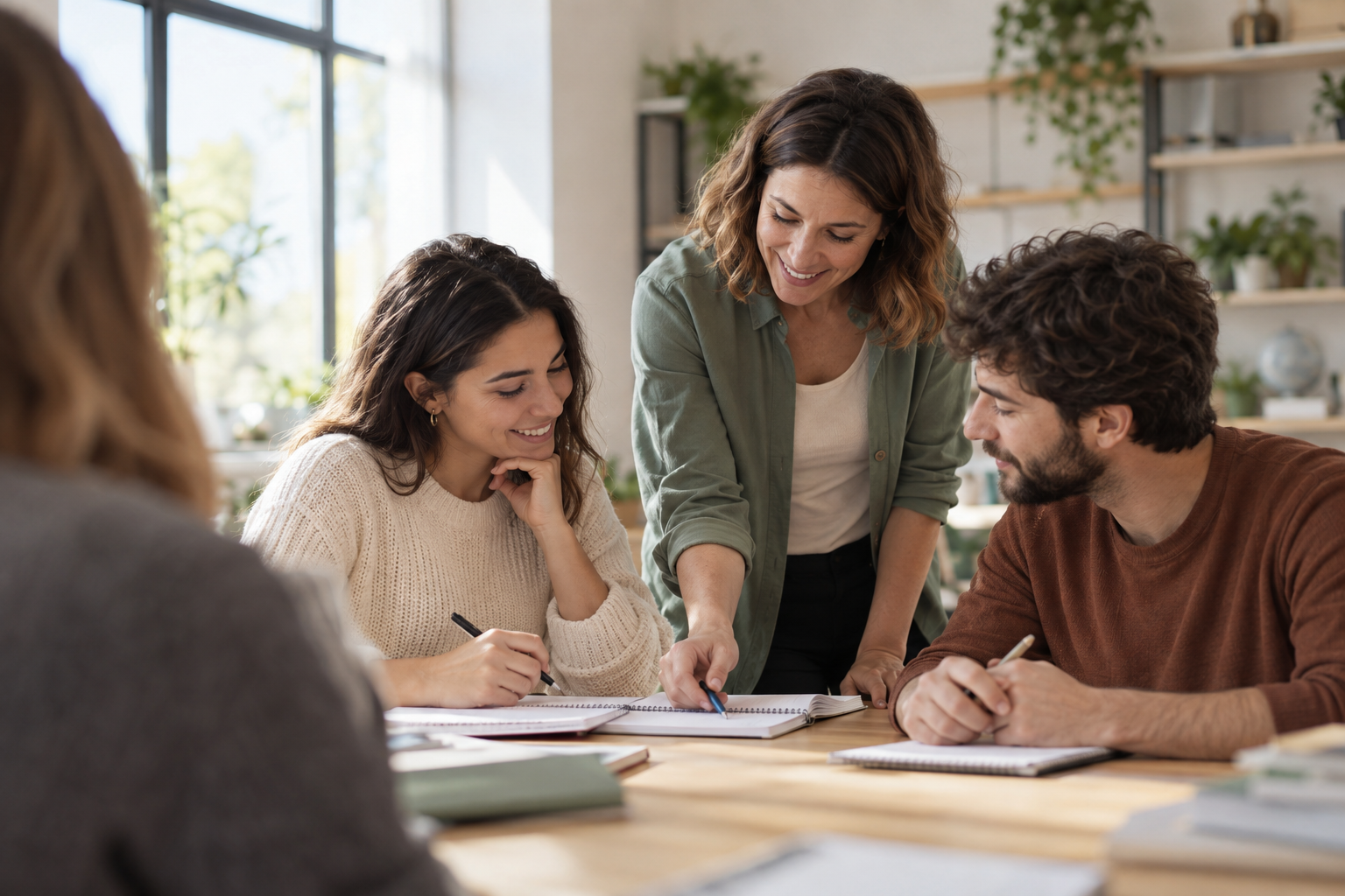 Illustrative scene of a teacher supporting a group of adult learners.